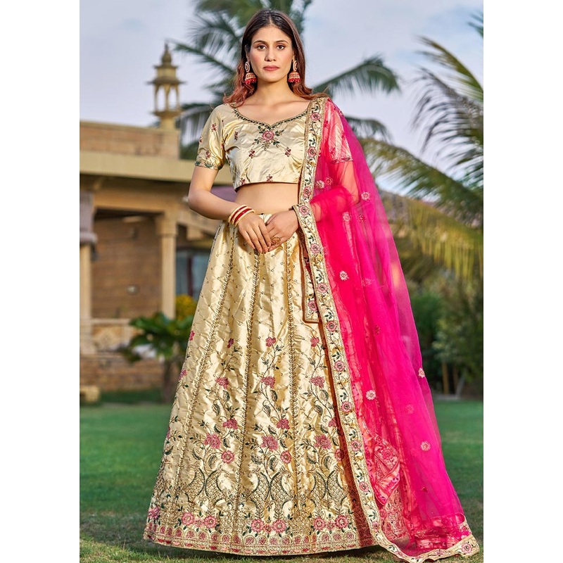 3 Pc Cream Silk Semi Stitched Lehenga Set - JD986584185
