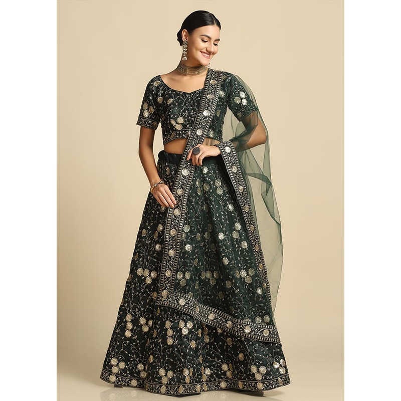 3 Pc Dark Green Silk Semi Stitched Lehenga Set - JD986584184