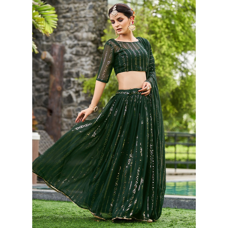 3 Pc Green Georgette Semi Stitched Lehenga Set - JD986584180