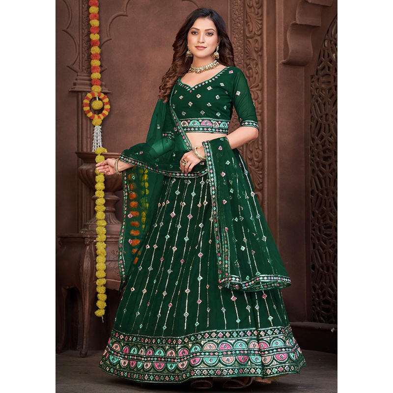 3 Pc Green Georgette Semi Stitched Lehenga Set - JD986584181