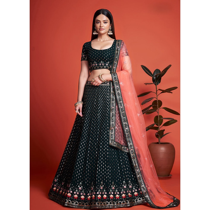 3 Pc Green Georgette Semi Stitched Lehenga Set - JD986584182