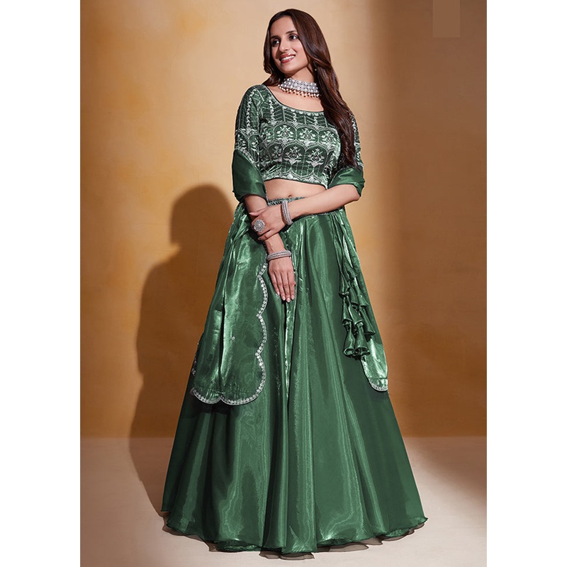 3 Pc Green Net Semi Stitched Lehenga Set - JD986584178