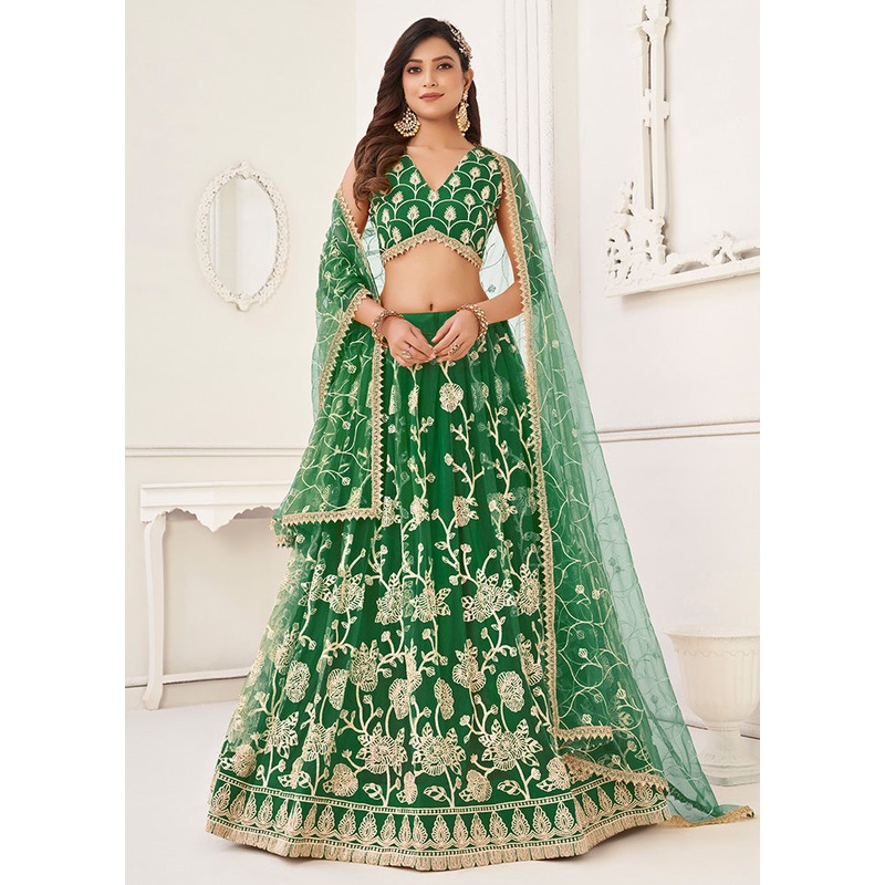 3 Pc Green Net Semi Stitched Lehenga Set - JD986584179