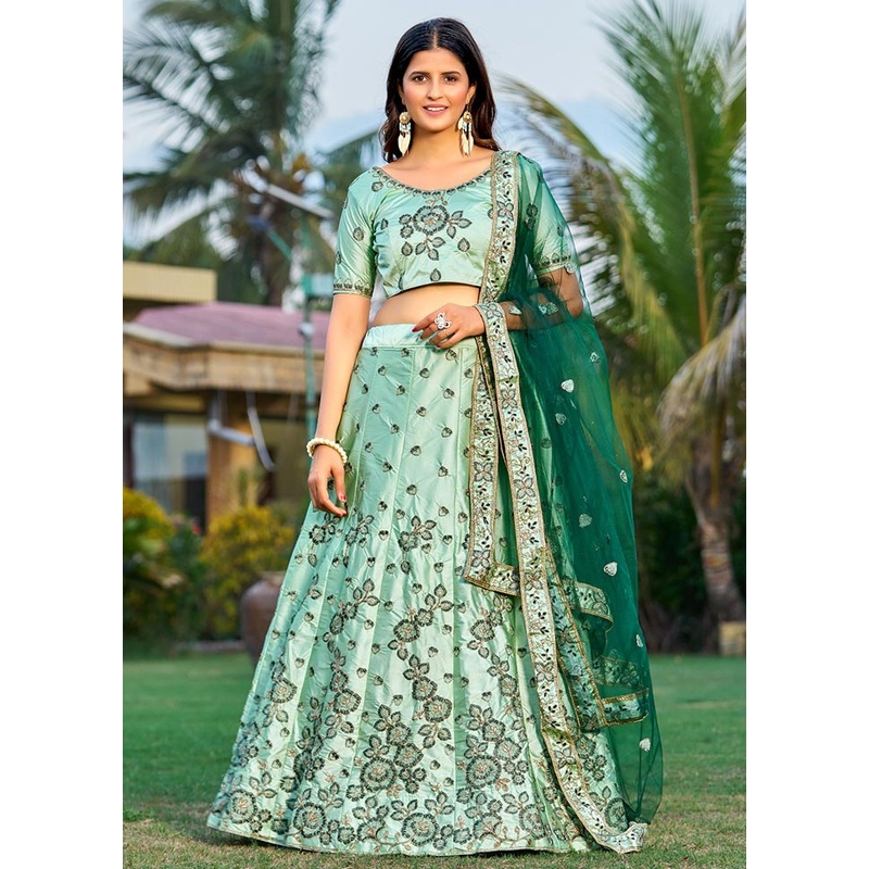 3 Pc Green Silk Semi Stitched Lehenga Set - JD986584176