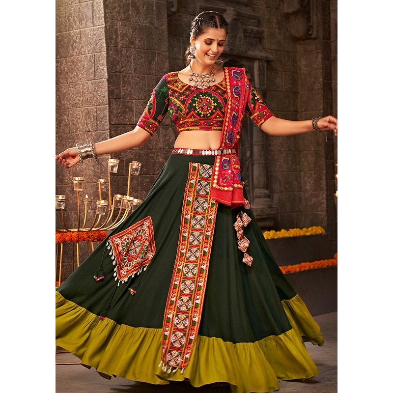3 Pc Green Viscose Semi Stitched Lehenga Set - JD986584174