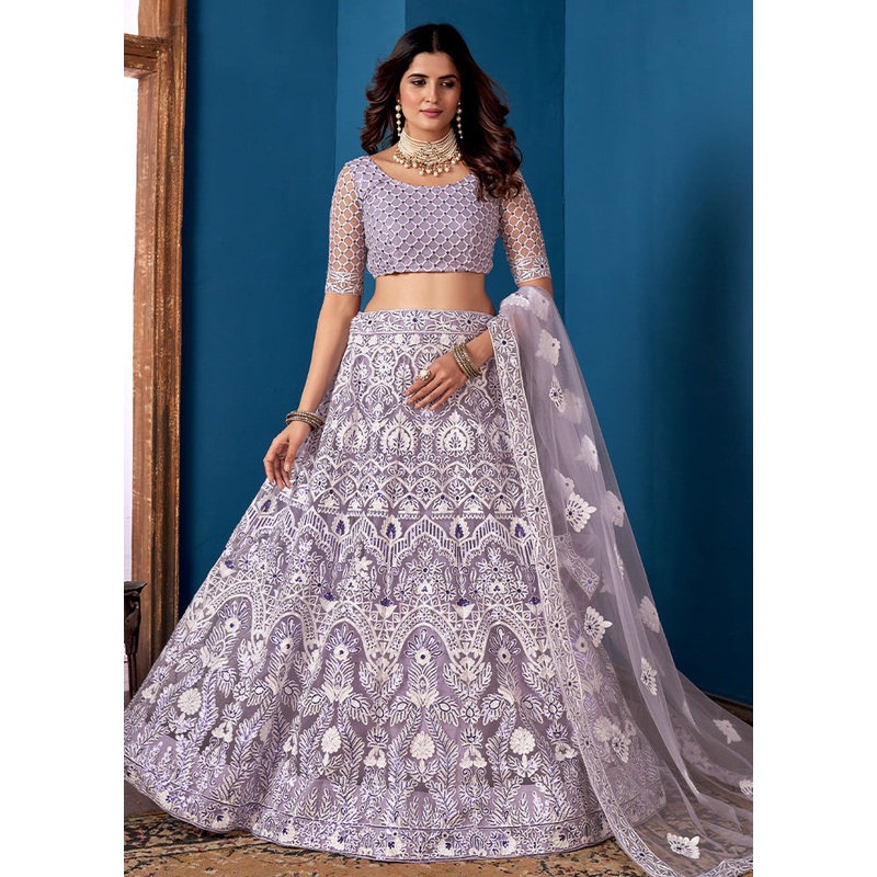 3 Pc Grey Net Semi Stitched Lehenga Set - JD986584169