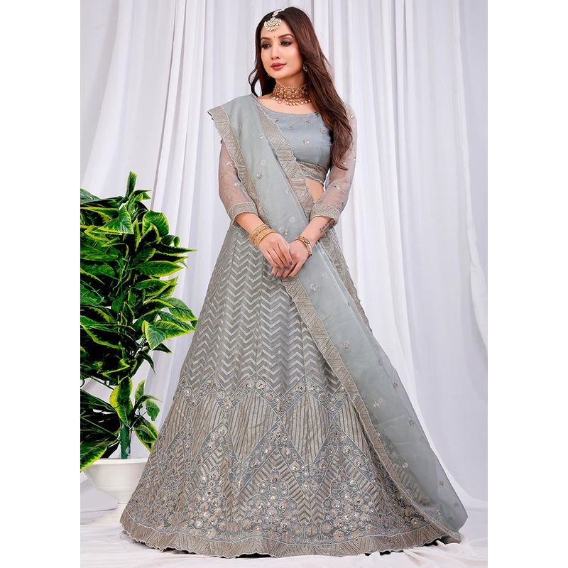 3 Pc Grey Net Semi Stitched Lehenga Set - JD986584170