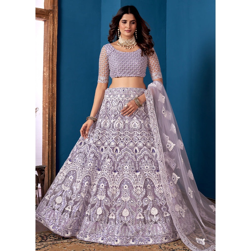 3 Pc Grey Net Semi Stitched Lehenga Set - JD986584171