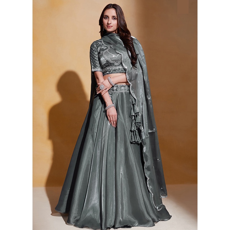 3 Pc Grey Net Semi Stitched Lehenga Set - JD986584172