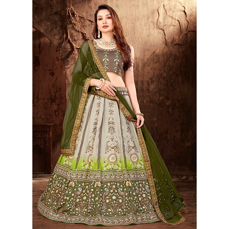 3 Pc Grey Silk Semi Stitched Lehenga Set - JD986584167
