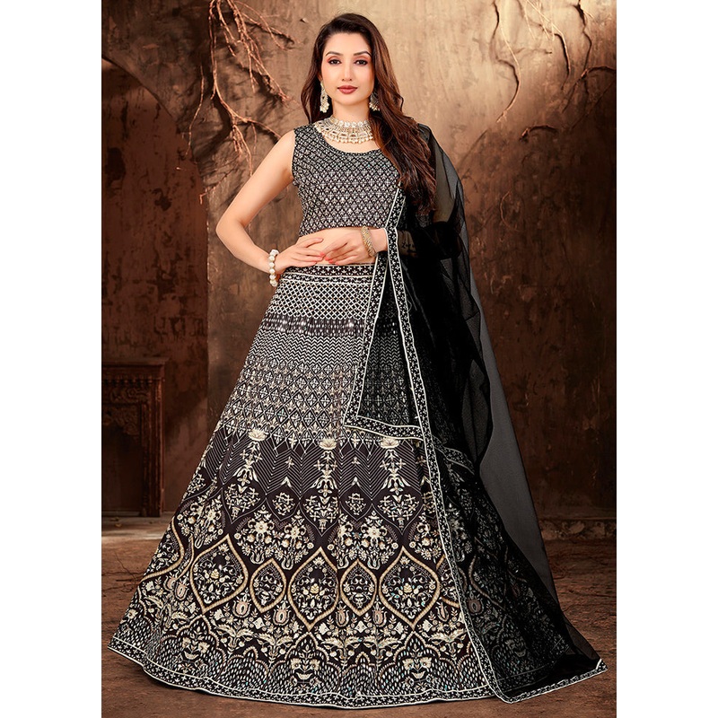 3 Pc Grey Silk Semi Stitched Lehenga Set - JD986584168
