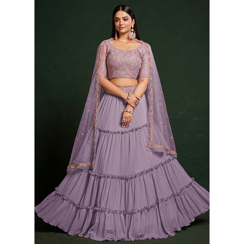 3 Pc Lavender Georgette Semi Stitched Lehenga Set - JD986584166