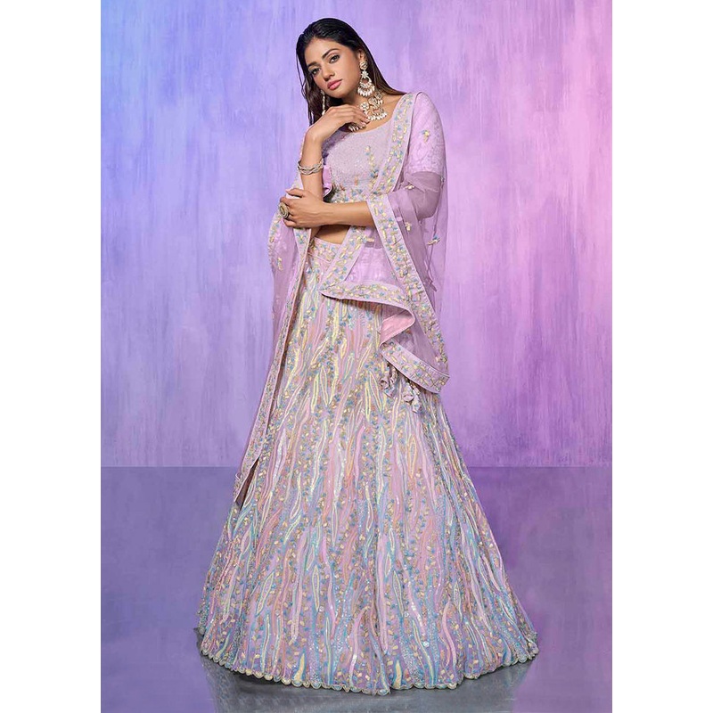 3 Pc Lavender Net Semi Stitched Lehenga Set - JD986584165