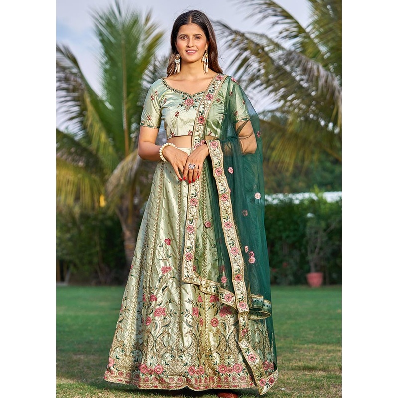 3 Pc Light Green Silk Semi Stitched Lehenga Set - JD986584164