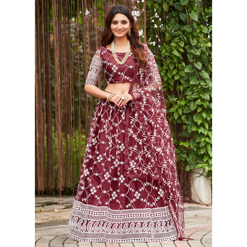 3 Pc Maroon Net Semi Stitched Lehenga Set - JD986584163
