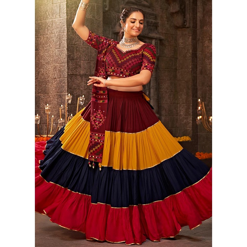 3 Pc Maroon Viscose Semi Stitched Lehenga Set - JD986584161