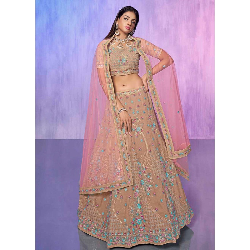 3 Pc Mauve Georgette Semi Stitched Lehenga Set - JD986584160