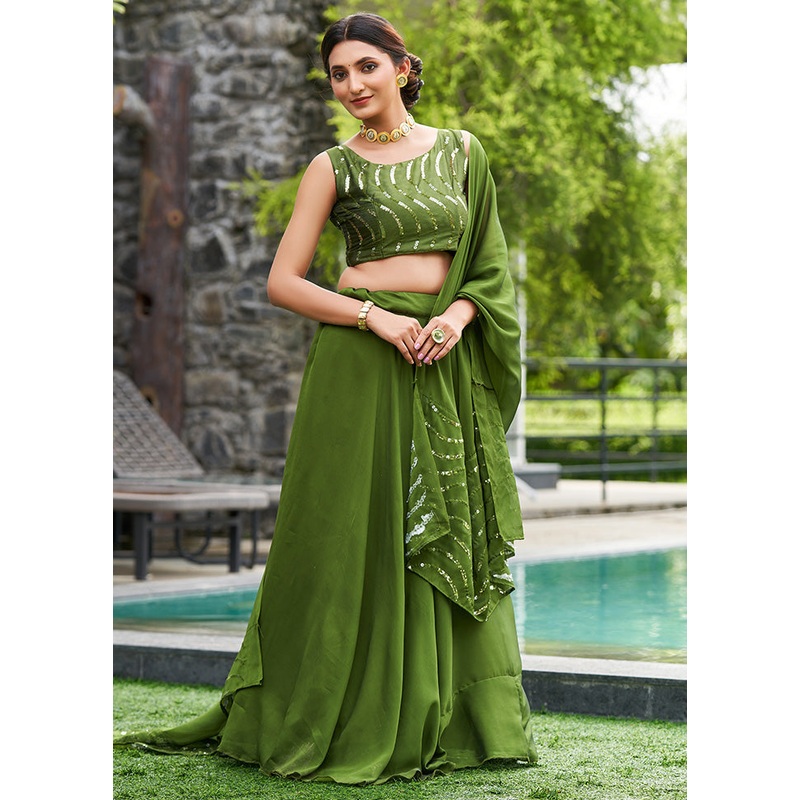 3 Pc Mehendi Silk Semi Stitched Lehenga Set - JD986584158