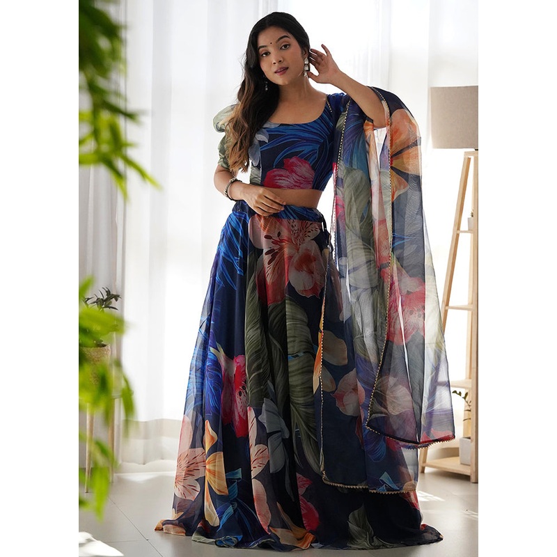 3 Pc Multicolor Silk Semi Stitched Lehenga Set - JD986584151