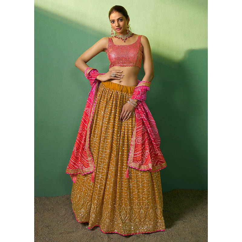 3 Pc Mustard Georgette Semi Stitched Lehenga Set - JD986584146