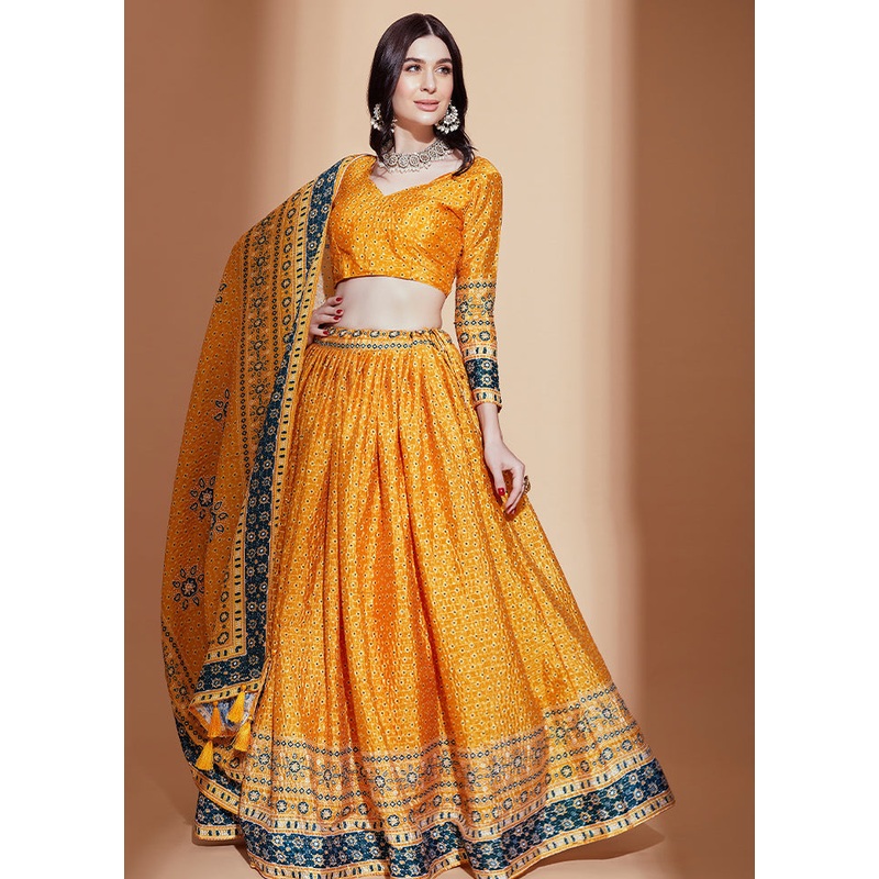 3 Pc Mustard Silk Semi Stitched Lehenga Set - JD986584143