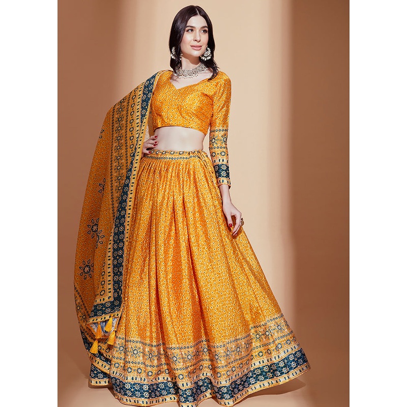 3 Pc Mustard Silk Semi Stitched Lehenga Set - JD986584144