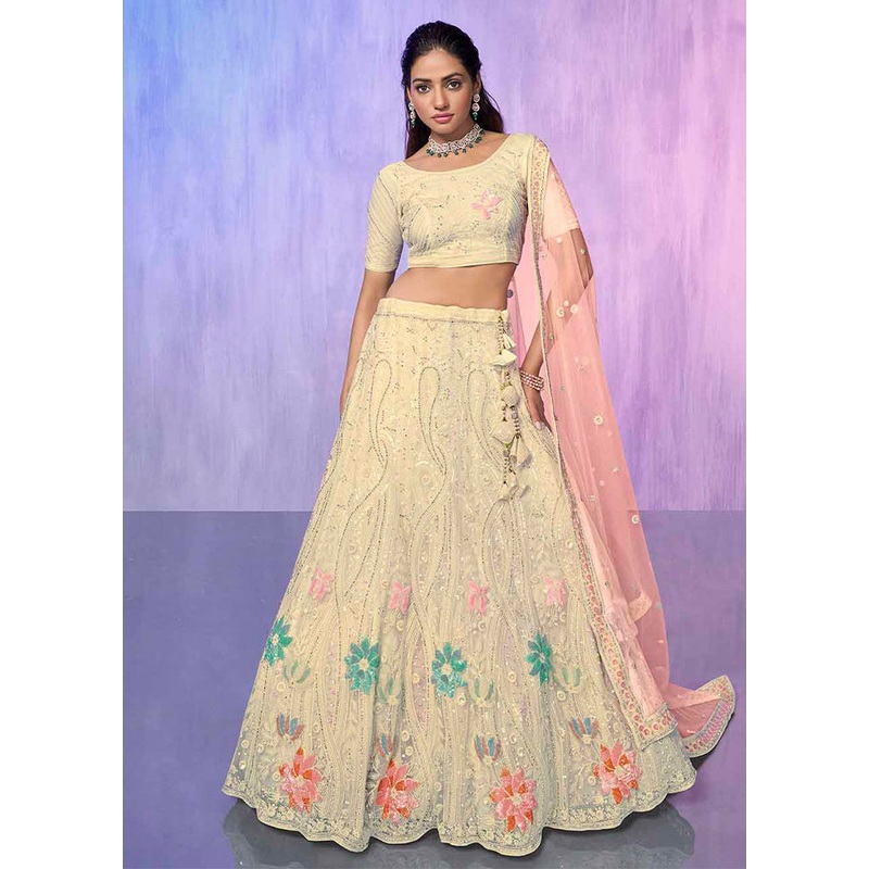 3 Pc Off White Net Semi Stitched Lehenga Set - JD986584141