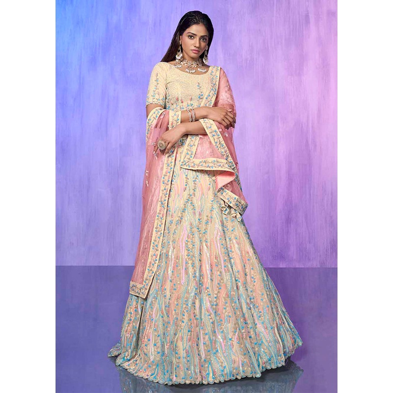 3 Pc Off White Net Semi Stitched Lehenga Set - JD986584142