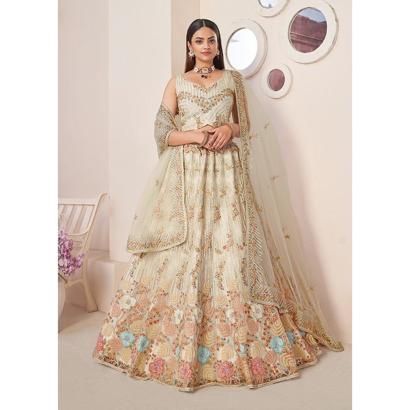 3 Pc Off White Pure Net Semi Stitched Lehenga Set - JD986584140