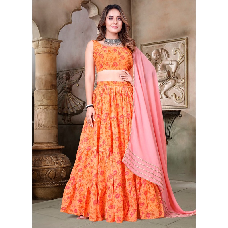 3 Pc Orange Net Semi Stitched Lehenga Set - JD986584138