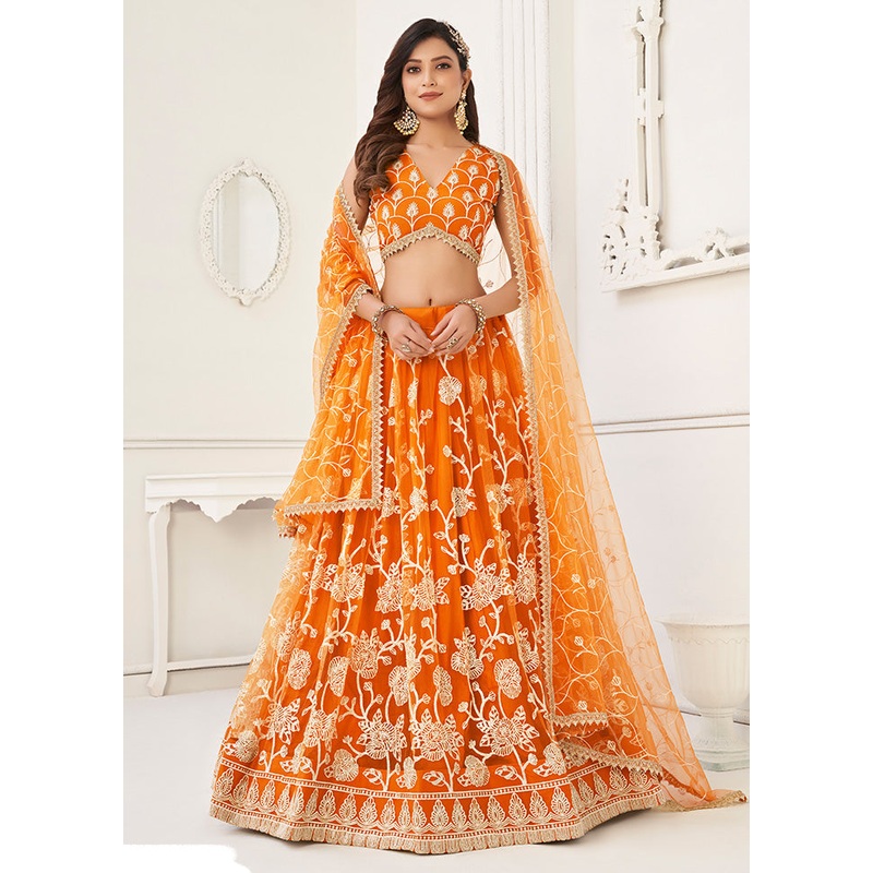 3 Pc Orange Net Semi Stitched Lehenga Set - JD986584139