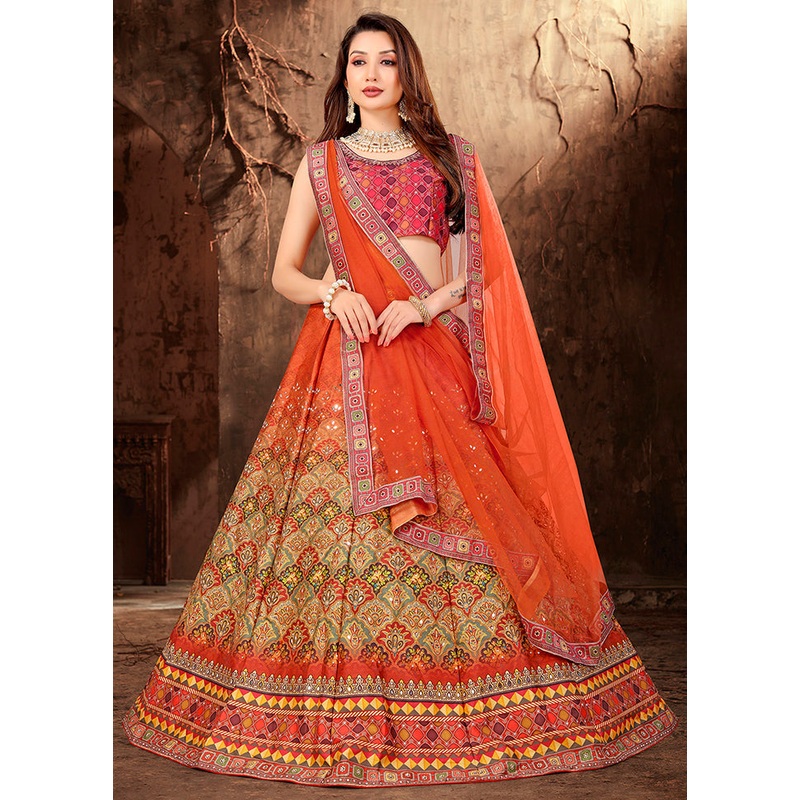 3 Pc Orange Silk Semi Stitched Lehenga Set - JD986584137