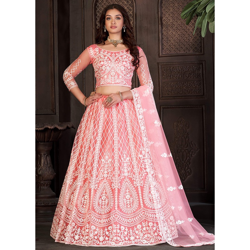 3 Pc Peach Net Semi Stitched Lehenga Set - JD986584135