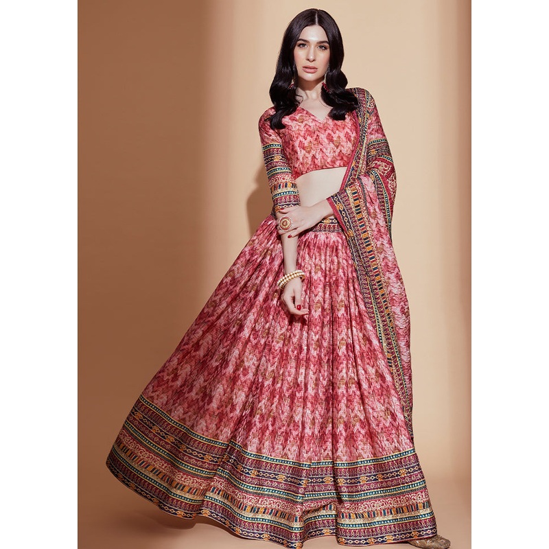 3 Pc Peach Silk Semi Stitched Lehenga Set - JD986584134