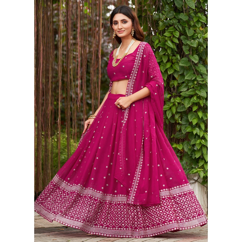 3 Pc Pink Georgette Semi Stitched Lehenga Set - JD986584126