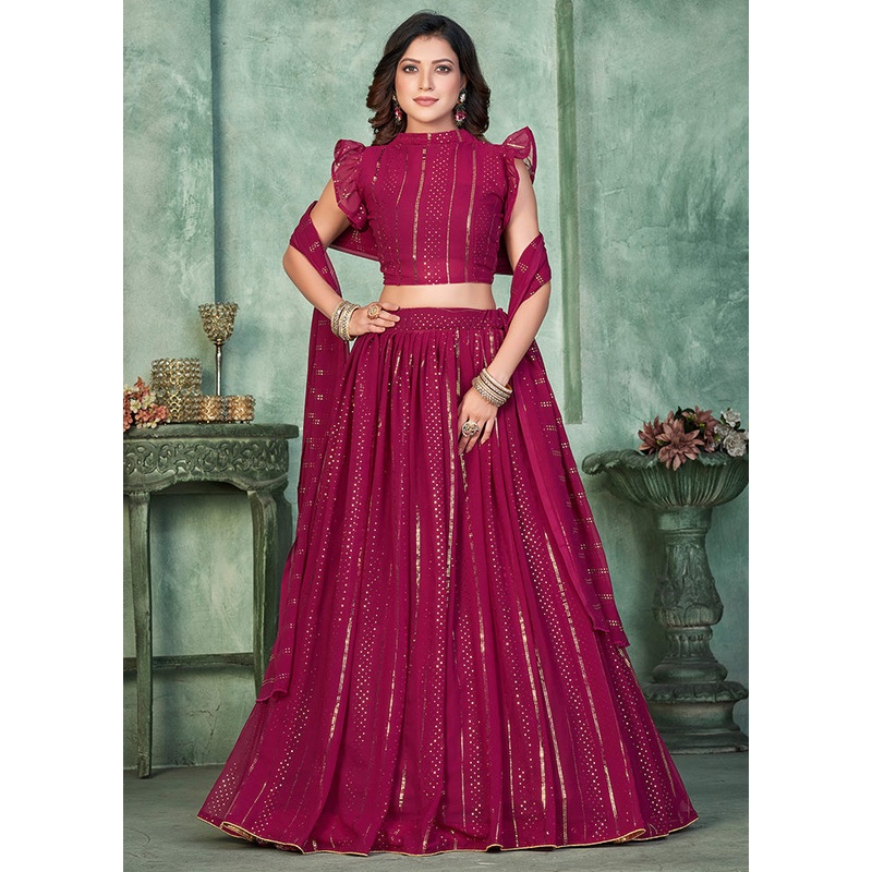 3 Pc Pink Georgette Semi Stitched Lehenga Set - JD986584127