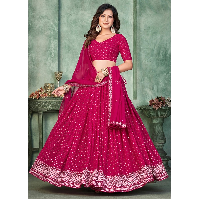 3 Pc Pink Georgette Semi Stitched Lehenga Set - JD986584128