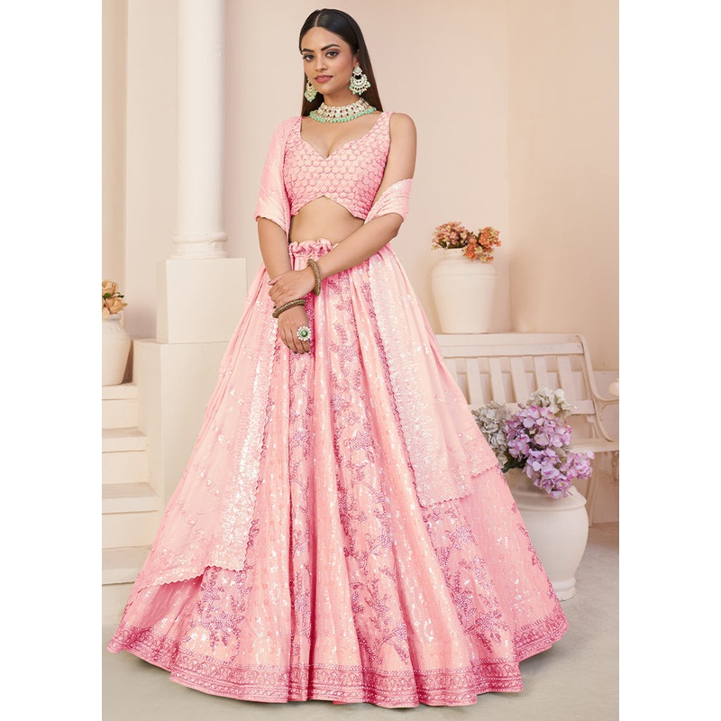 3 Pc Pink Georgette Semi Stitched Lehenga Set - JD986584129