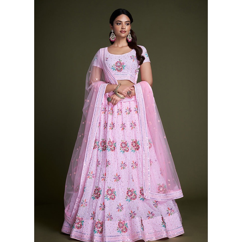 3 Pc Pink Georgette Semi Stitched Lehenga Set - JD986584130