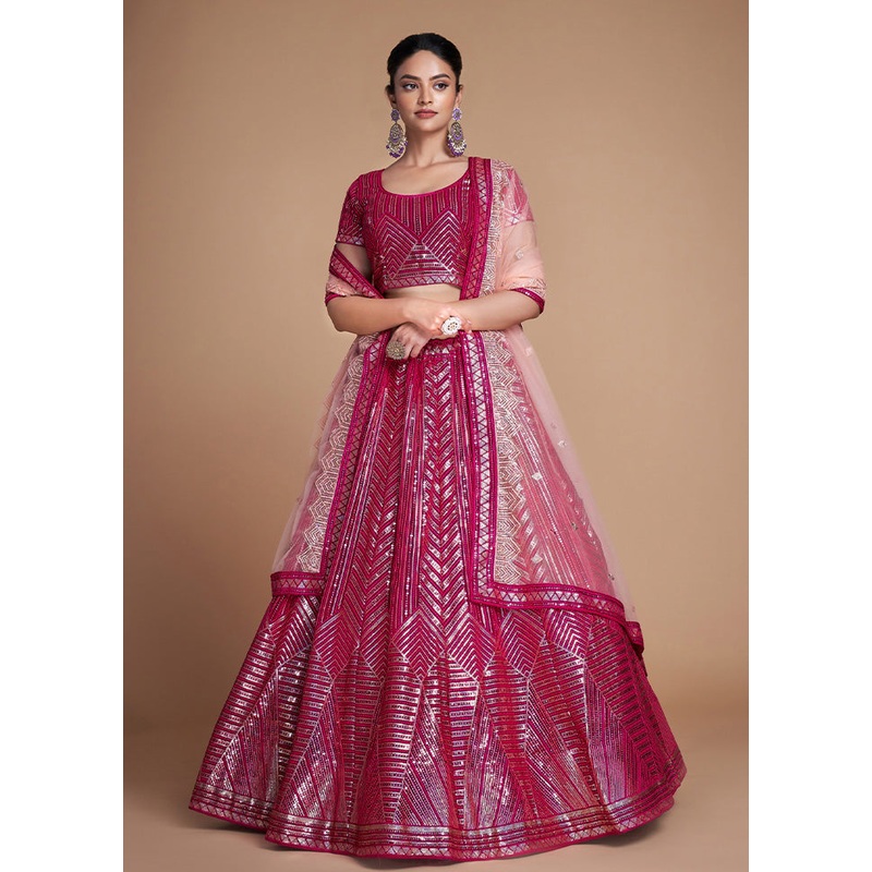 3 Pc Pink Georgette Semi Stitched Lehenga Set - JD986584131
