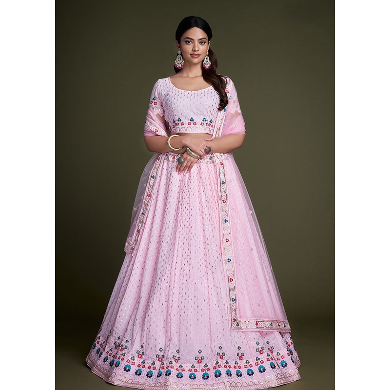 3 Pc Pink Georgette Semi Stitched Lehenga Set - JD986584132