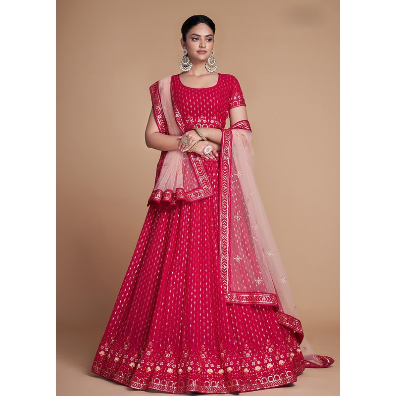 3 Pc Pink Georgette Semi Stitched Lehenga Set - JD986584133