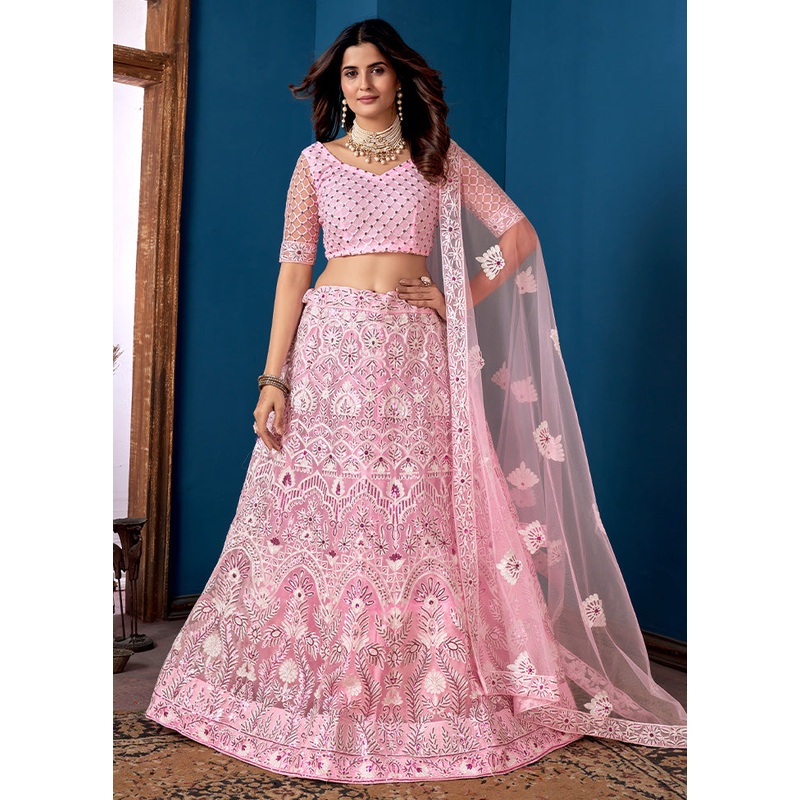 3 Pc Pink Net Semi Stitched Lehenga Set - JD986584121