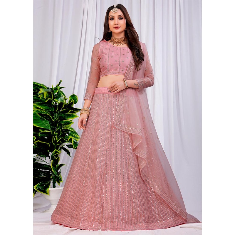 3 Pc Pink Net Semi Stitched Lehenga Set - JD986584122