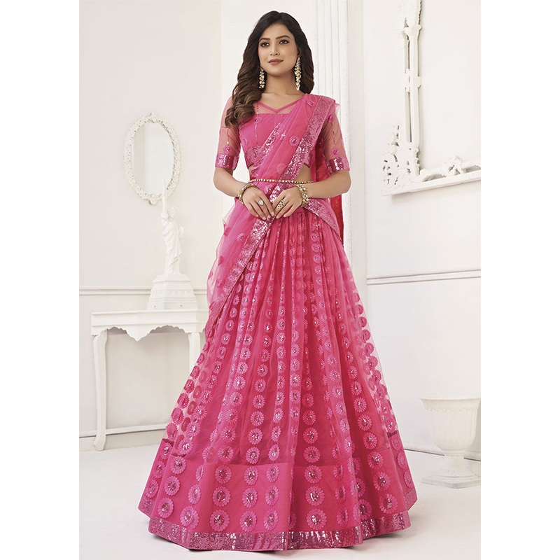 3 Pc Pink Net Semi Stitched Lehenga Set - JD986584123