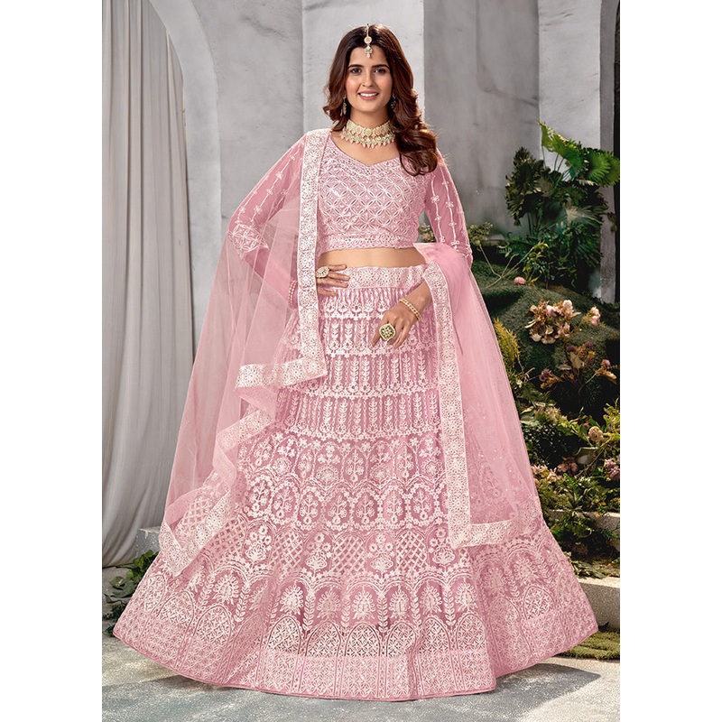 3 Pc Pink Net Semi Stitched Lehenga Set - JD986584124