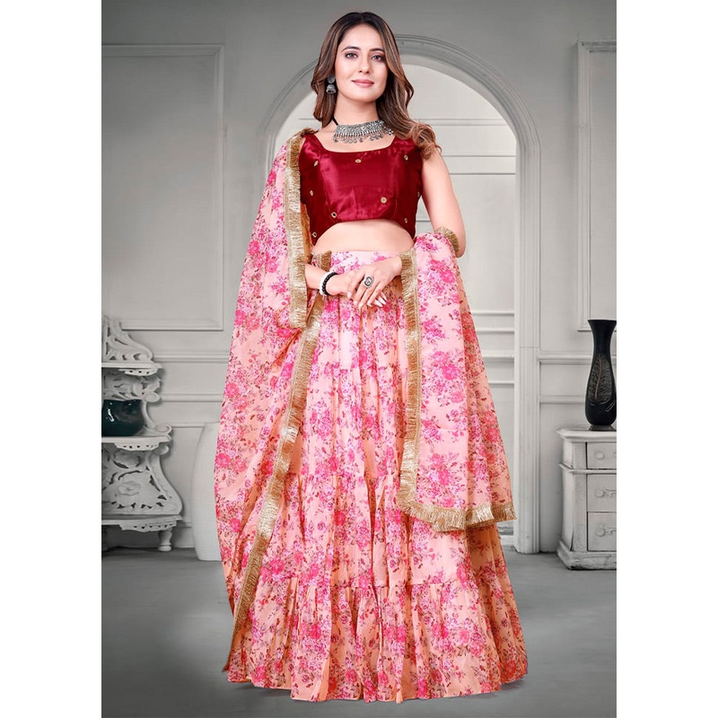 3 Pc Pink Net Semi Stitched Lehenga Set - JD986584125