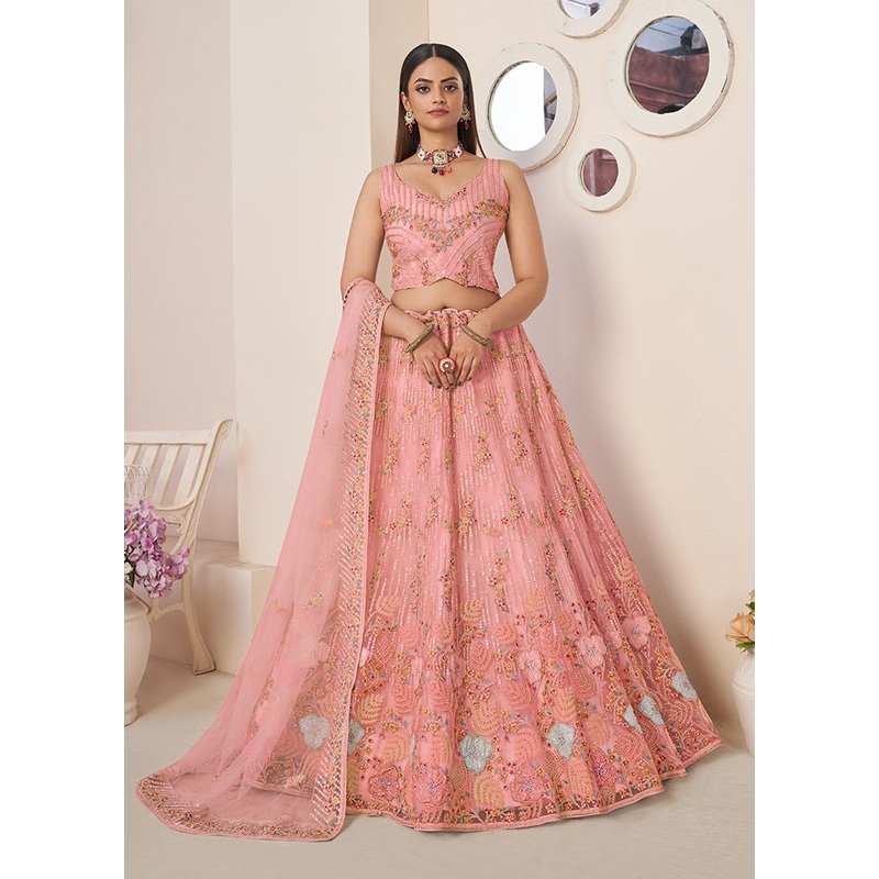 3 Pc Pink Pure Net Semi Stitched Lehenga Set - JD986584120