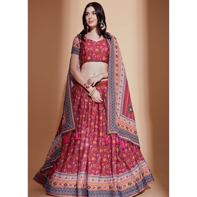 3 Pc Pink Silk Semi Stitched Lehenga Set - JD986584117