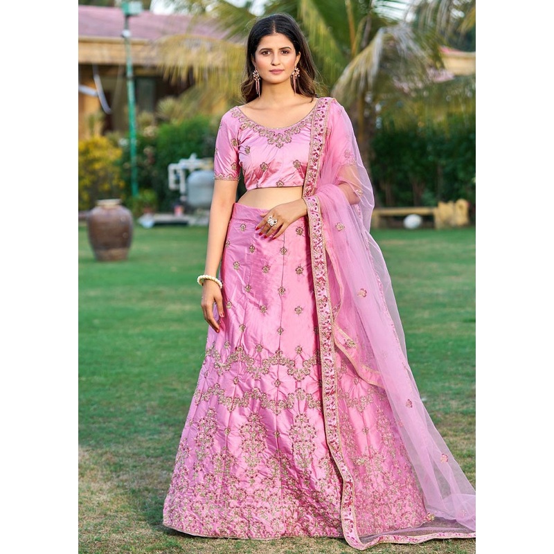 3 Pc Pink Silk Semi Stitched Lehenga Set - JD986584118